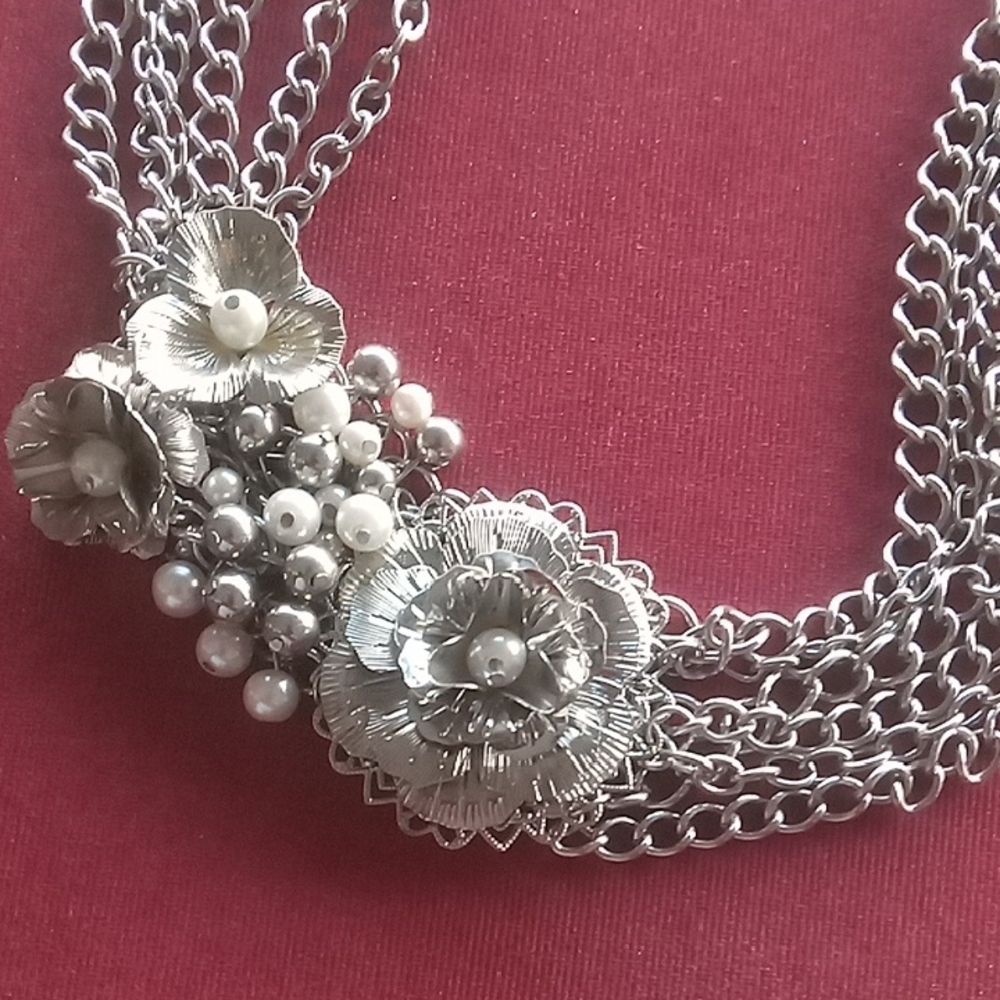 Silver Floral Multi-Chain Statement Necklace - image 2